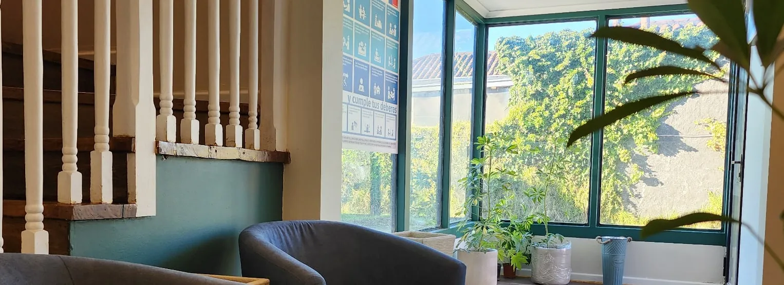 Sala de espera con sillones, plantas y ventanales